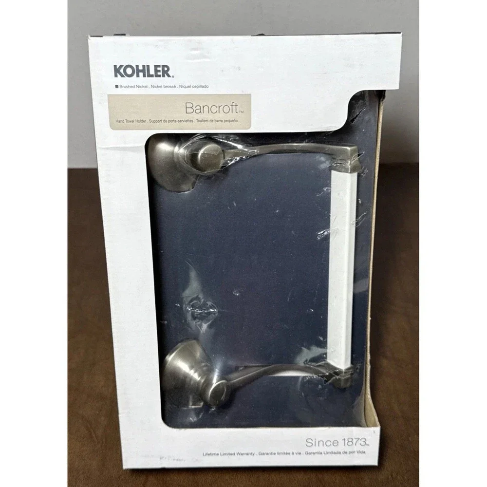 KOHLER BANCROFT Hand Towel Holder Brushed Nickel / Silver with White Bar NEW